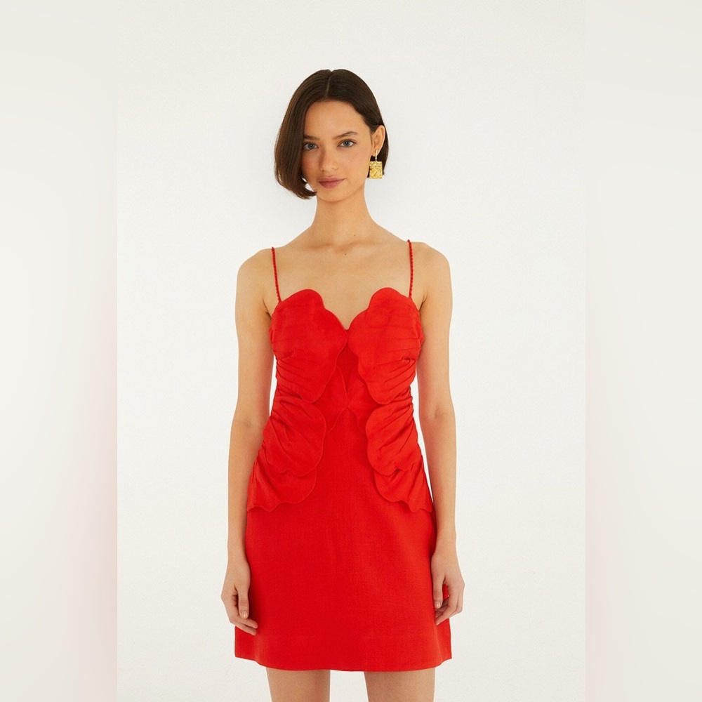 FARM RIO Red 3d Flower Euroflax Premium Linen Mini Dress